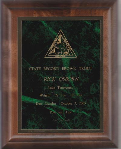 Award Plaque for State Record for Brown Trout from Missouri Department of Conservation