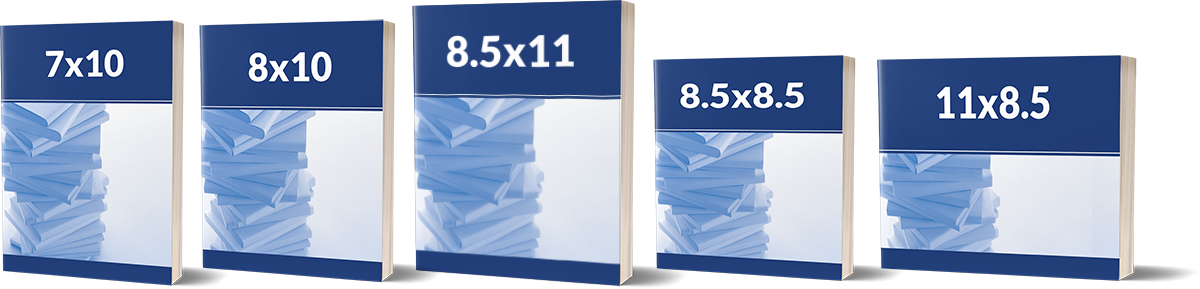 Recommended cookbook trim sizes including 7 by 10, 8 by 10, 8.5 by 11, 8.5 by 8.5 square, and 11 by 8.5 landscape