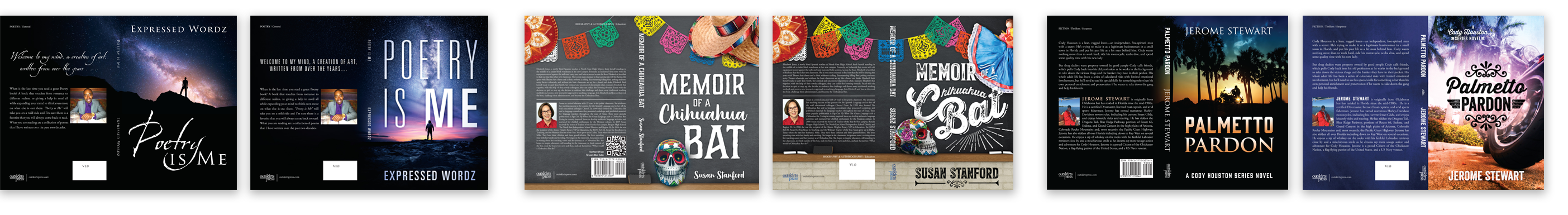Examples of complete custom book cover designs showing front covers, spines, and back covers