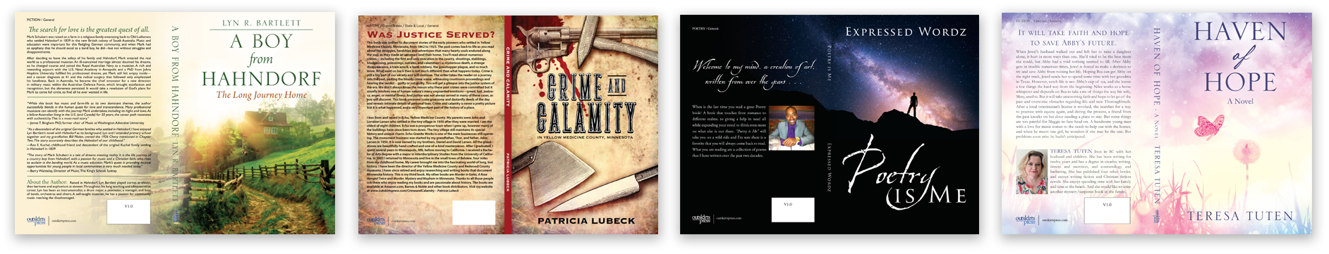 Examples of complete custom book cover designs showing front covers, spines, and back covers