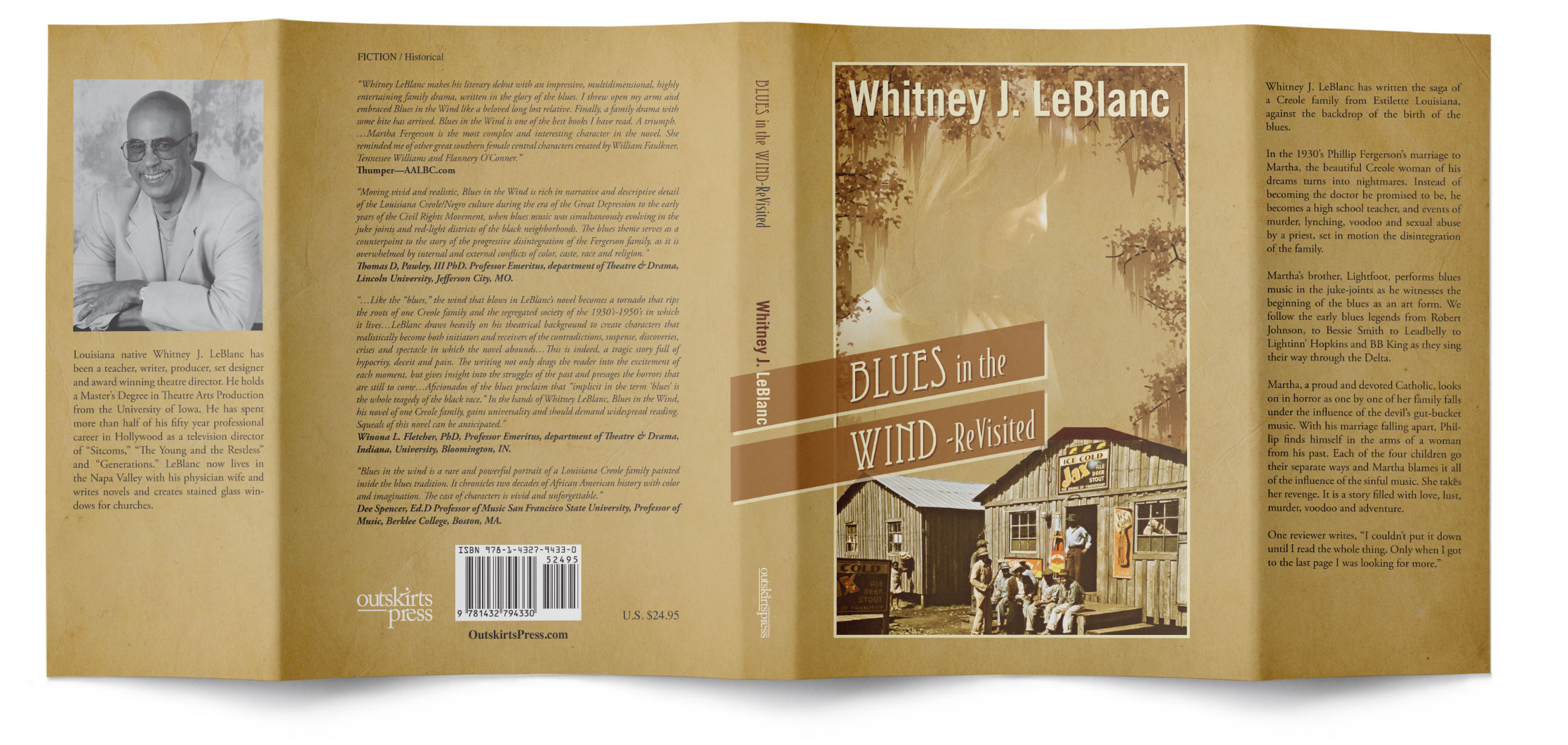 Example of a custom Outskirts Press hardback dust jacket showing front cover, back cover, spine, and customizable flaps