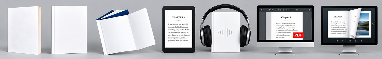 Paperback, hardback, eBook, audiobook, Digital Download Edition, and Flipbook publishing formats