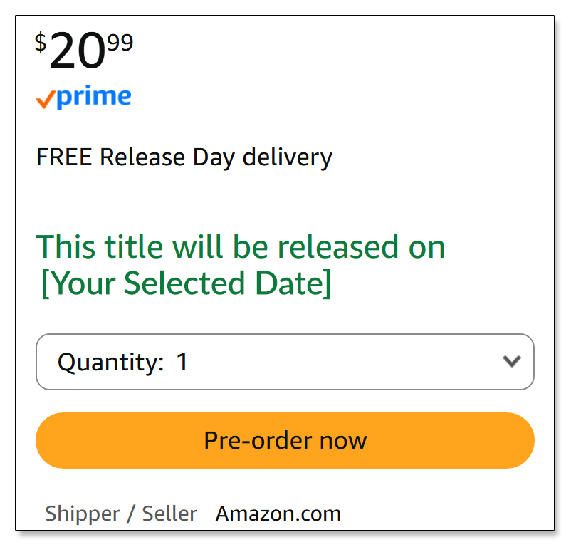 Example of an Amazon book pre-order listing showing a selected release date and Pre-order now button