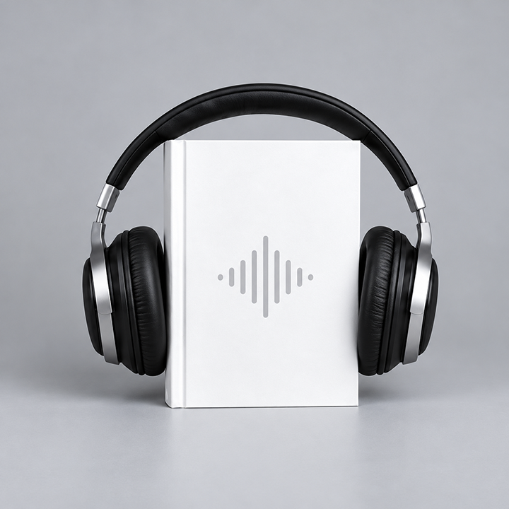 Audiobook represented by a book and headphones