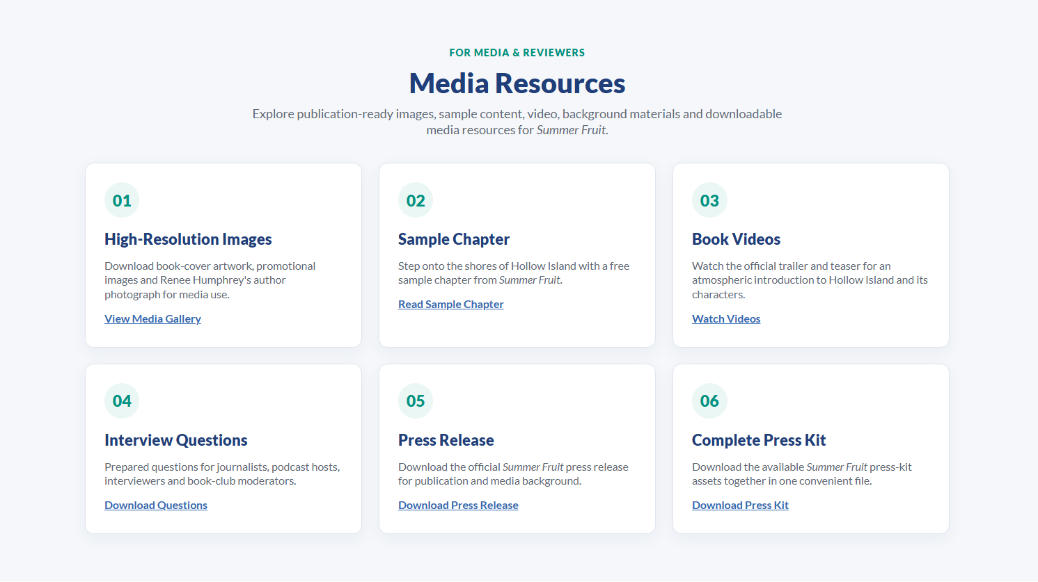 Example media resources section in an Outskirts Press Digital Press Kit