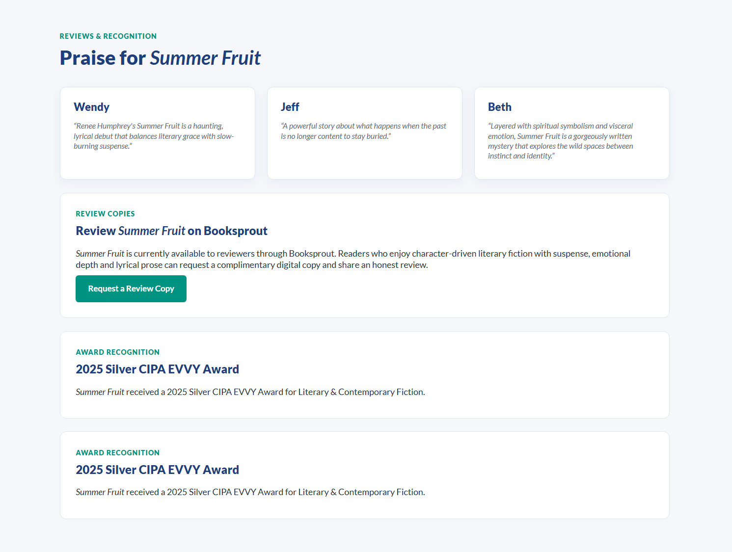 Example reviews and recognition section in an Outskirts Press Digital Press Kit
