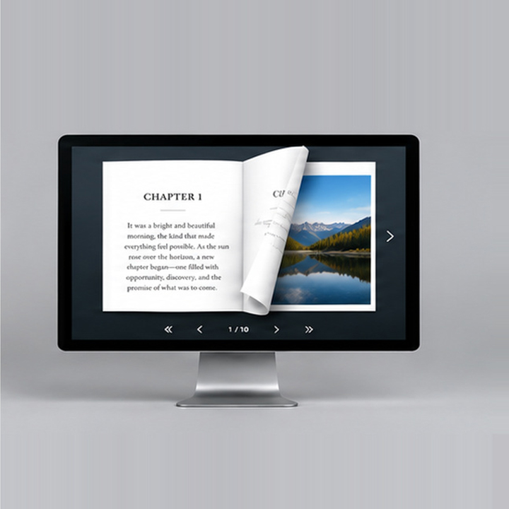 Interactive flipbook with a turning page on a computer monitor