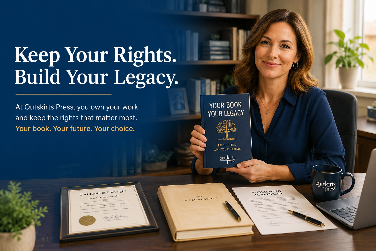 Author celebrating professional book publishing while retaining ownership of her work